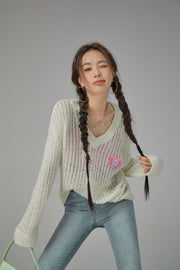 V-Neck See-Through Crochet Sweater