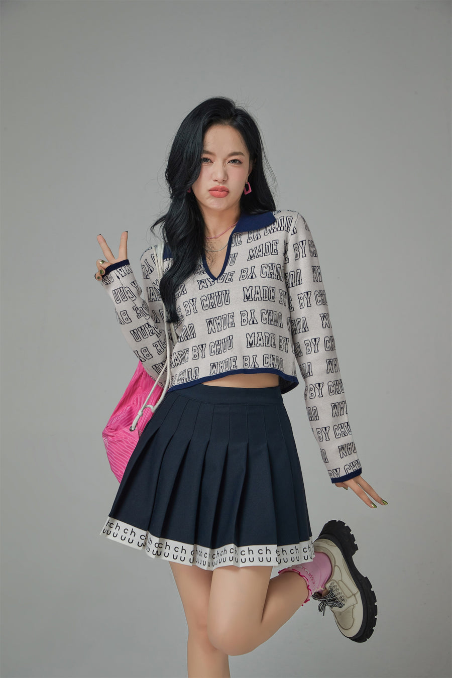 CHUU Too Sweet Chuu Lettering Open Collar Knit Top