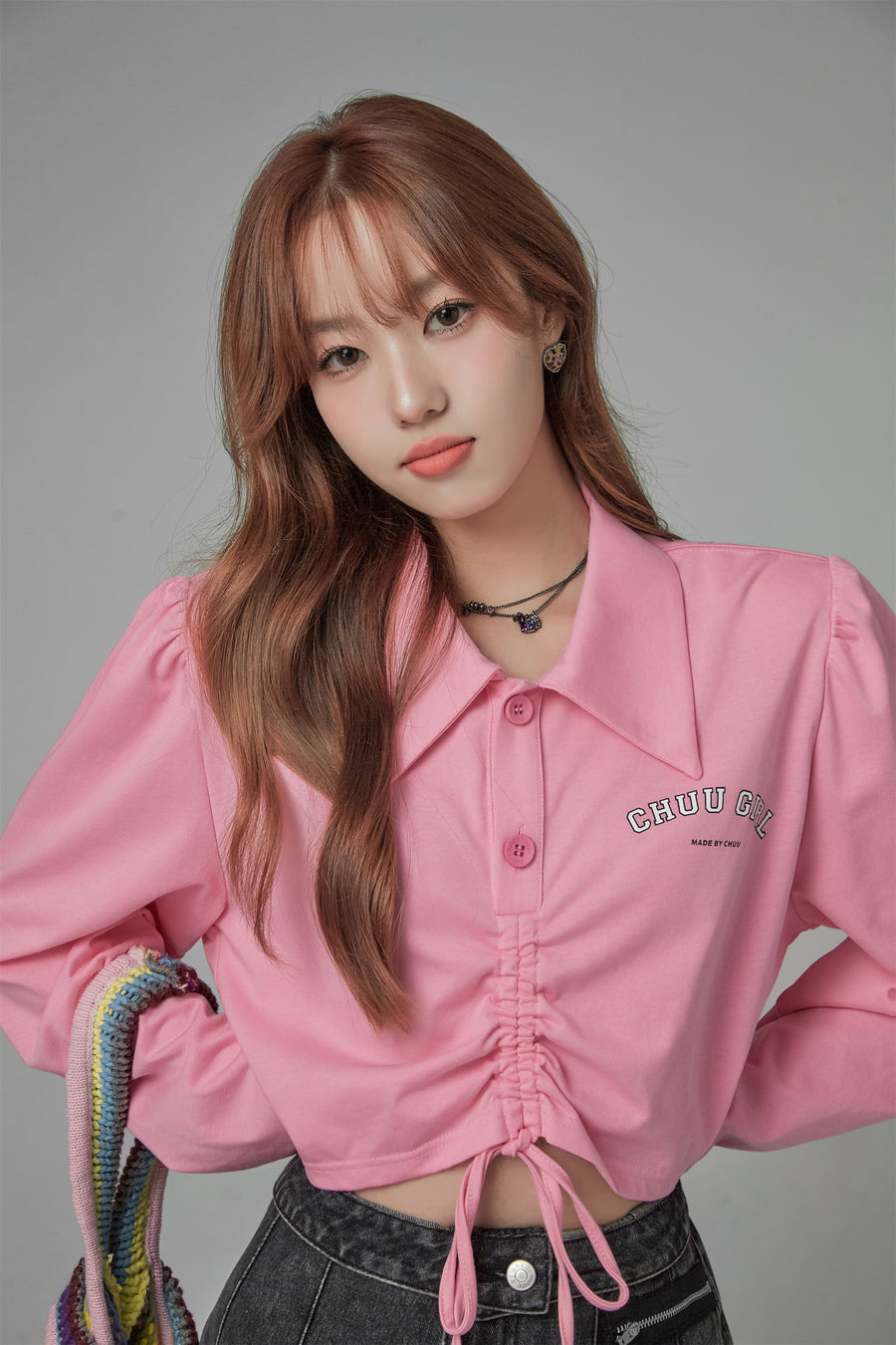 CHUU Loosefit Polo Shirring Crop Top