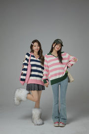 Open Book Loose Fit V-Neck Striped Knit Top