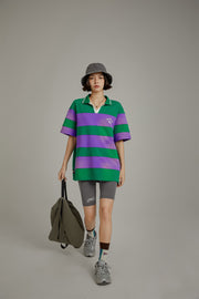 Open Collar Stripe Color T-Shirt