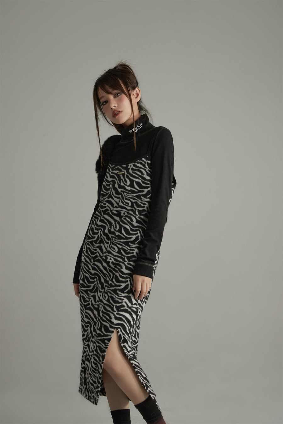 CHUU Faux Angora Zebra Cami Dress