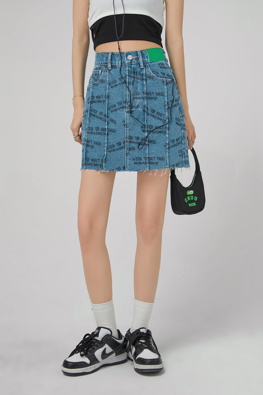 CHUU Nice To Meet Chuu Print Denim Skirt