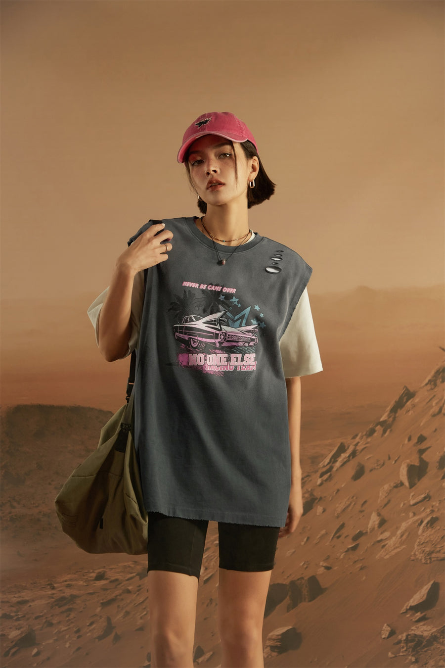 CHUU Distressed Printed Car Loose Fit T-Shirt