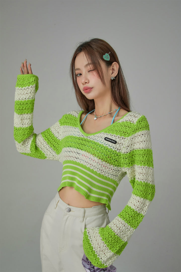 Striped V-Neck Knit Crop Sweater