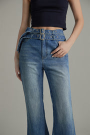 Double Belted Slit Bootcut Denim Jeans