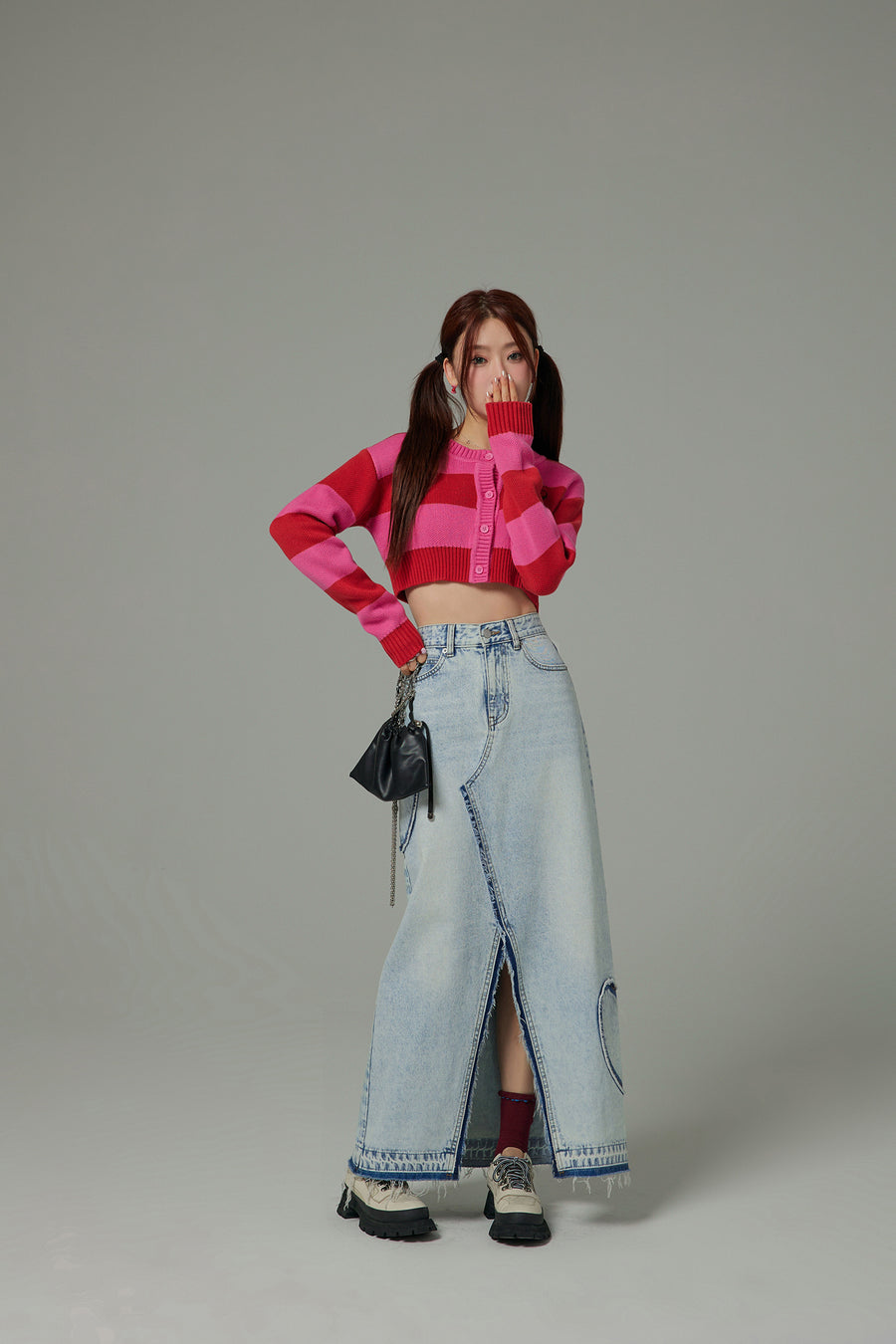 CHUU Heart Denim Long Skirt