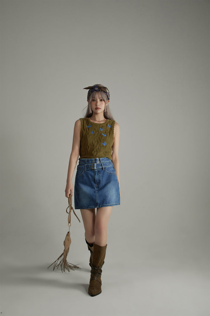 Double Belted Mini Denim Skirt