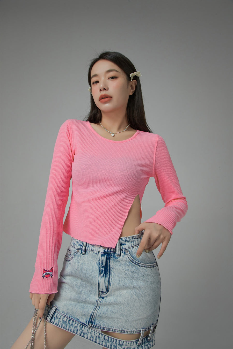 CHUU Slim Side Slit Long Sleeve T-Shirt