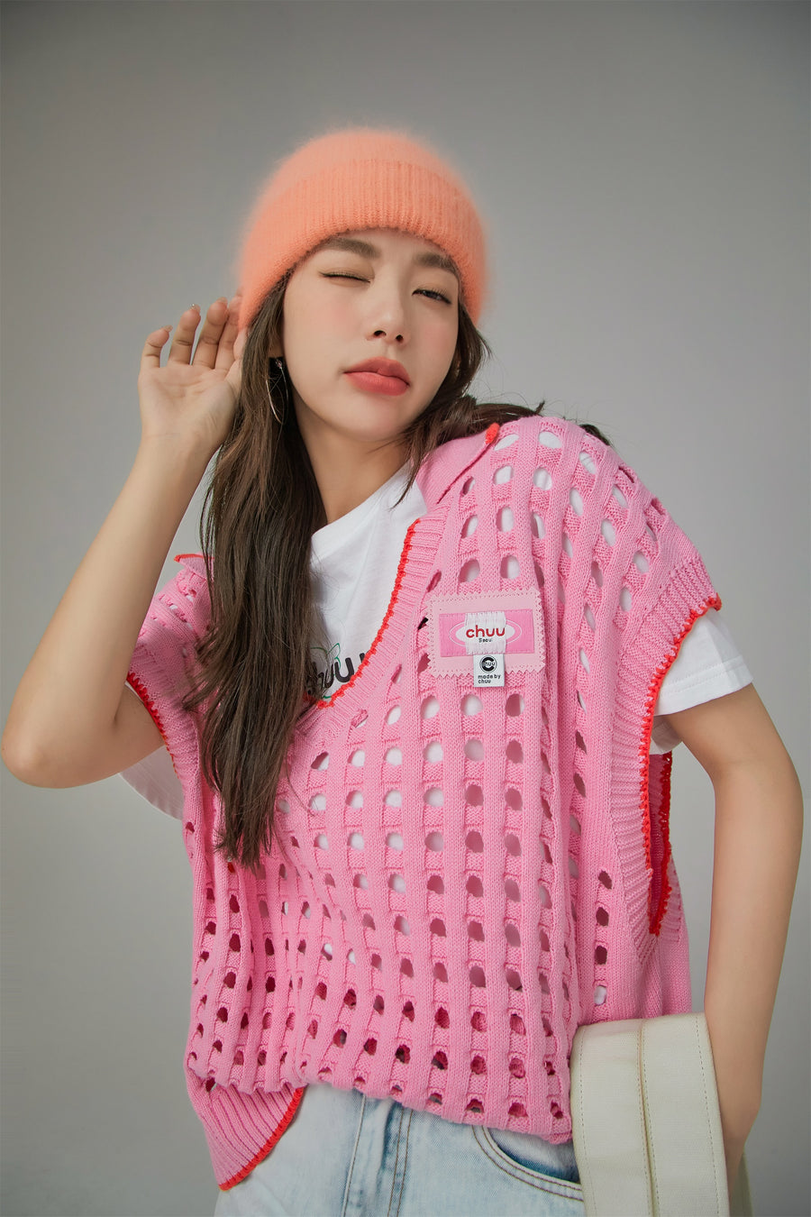 CHUU Ex-Varsity Girl Crochet Vest Sweater