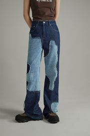 Cow Partchwork Wide Straight Jeans