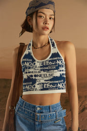 Noe Lettering Cropped Halter Neck Sleeveless Top