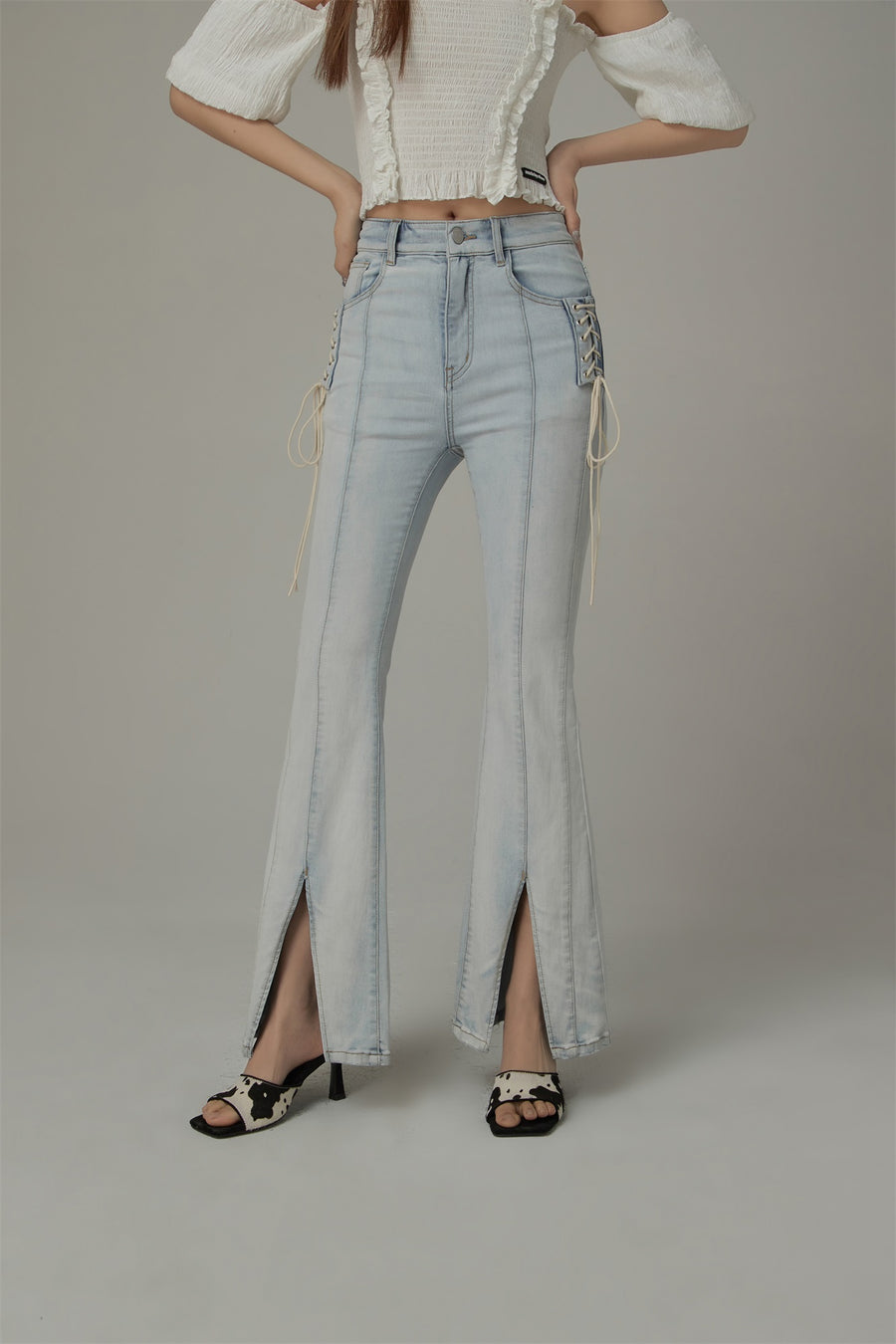 CHUU Lace Up Pocket Slit Bootcut Light Wash Denim Jeans