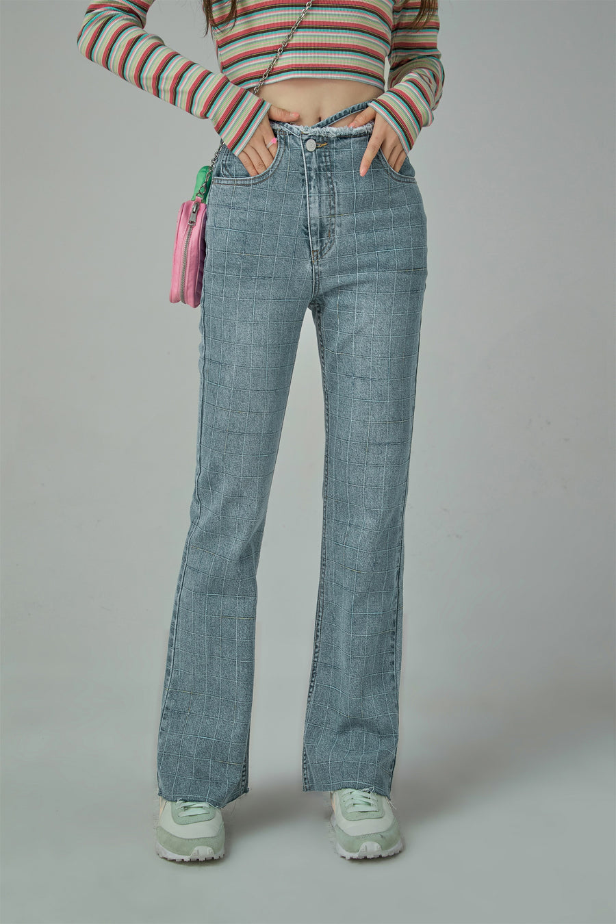 CHUU Waist Wrap Checkered Bootcut Jeans