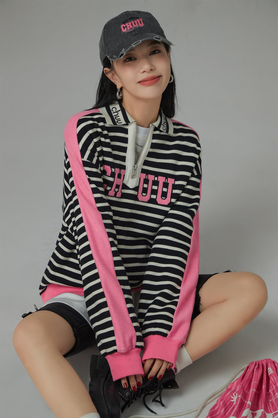 CHUU I Like You Half Zip-Up Color Stripe Sweatshirt