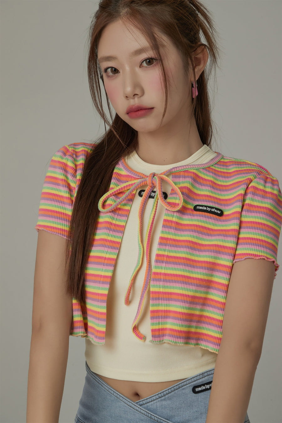 CHUU Ribbon Striped Crop Cardigan