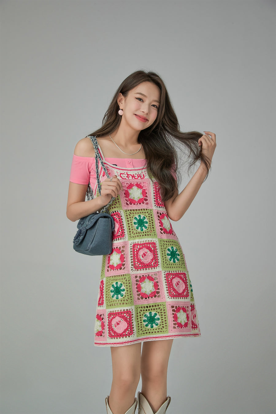 CHUU Flower Mosaic Crochet Mini Dress