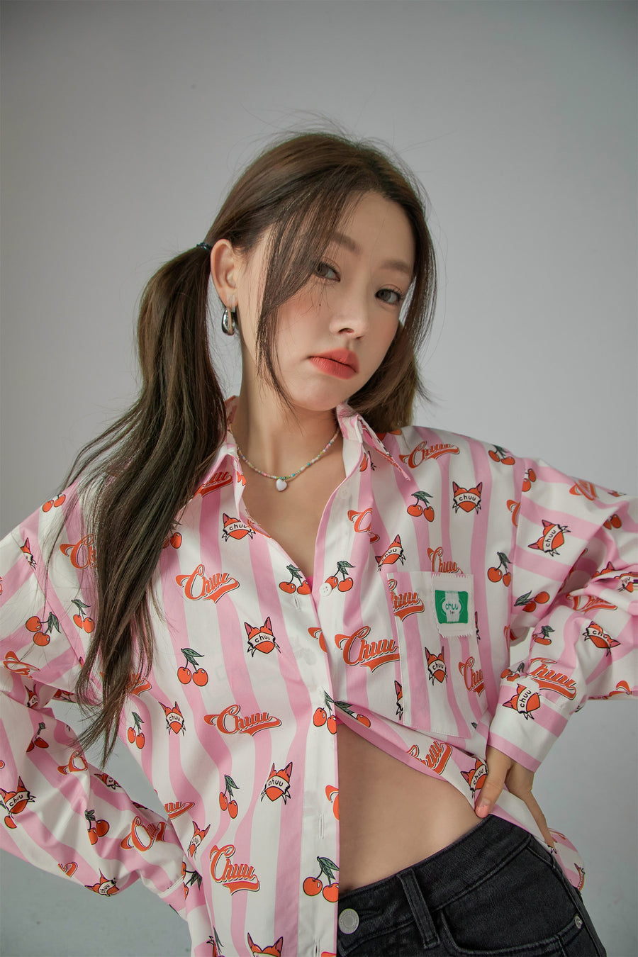 CHUU Cherry Striped Loose Fit Shirt