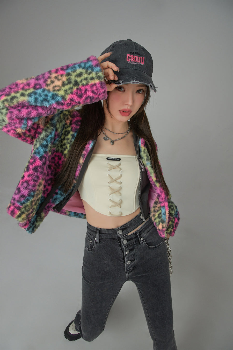 CHUU Colorful Leopard Print Fleece Jacket