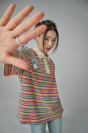 Rainbow Stripes Loose Fit Polo T-Shirt