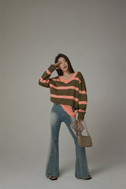 Color Matching V-Neck Striped Knit Sweater