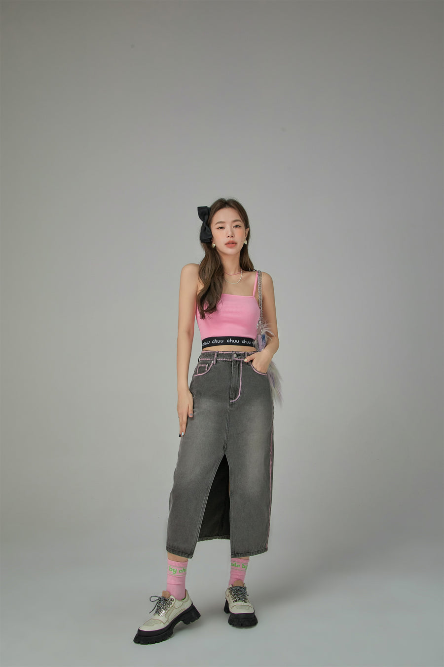 CHUU Maxi Front Slit Long Denim Skirt