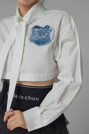 Heart Denim Pocket White Crop Shirt