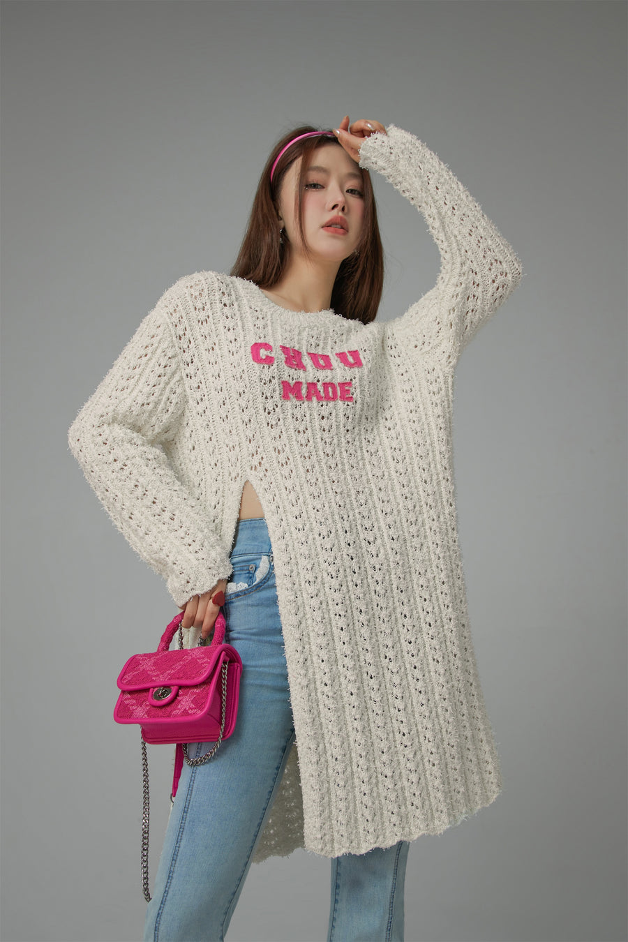 CHUU Crochet Side Slit Knit Long Sweater Dress