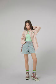 Front Buttons Cutout Denim Shorts