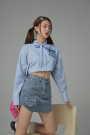 Heart Denim Pocket Stripe Crop Shirt