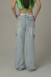 Color Flower Distressed Light Wash Straight Denim Jeans