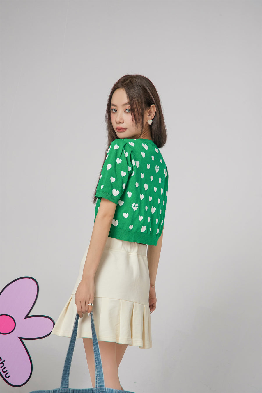 CHUU Heart Short Sleeve Knit Cardigan