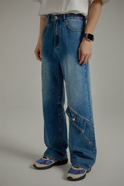 Knee Pocket Washed Wide Straight Jeans