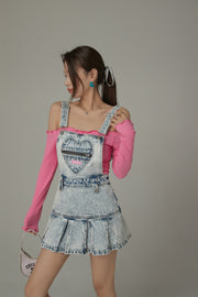 Zipper Heart Acid Wash Denim Overall Mini Dress