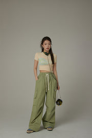 Basic Color String Cargo Wide Pants