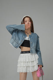 Eyelet Lace Collar Long-Sleeved Crop Top