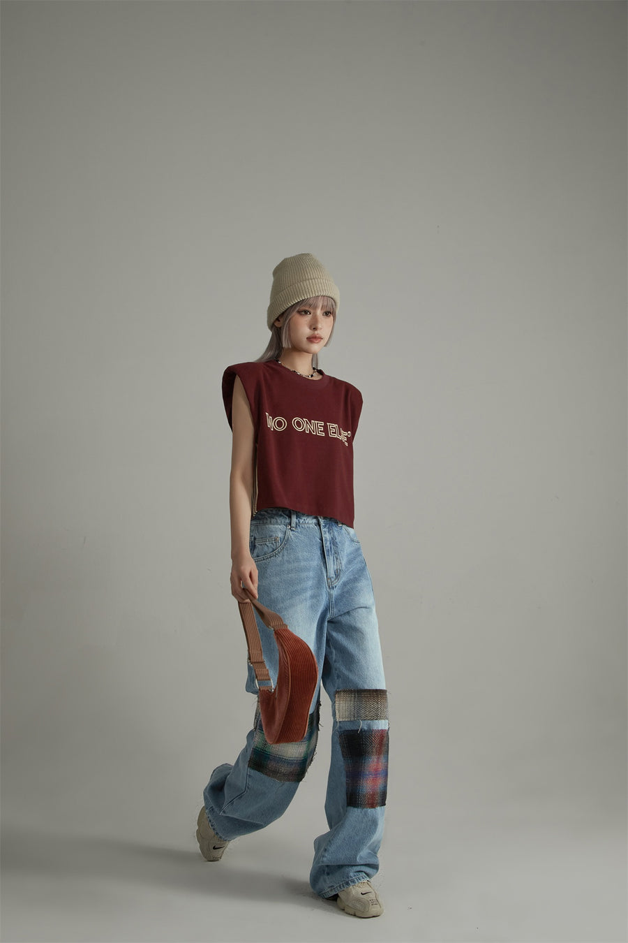 CHUU Tartan Patchwork Wide Straight Jeans