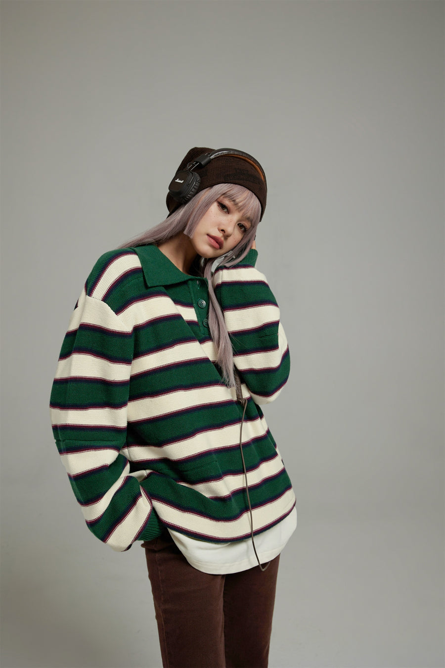 CHUU Polo Neck Stripe Knit Top