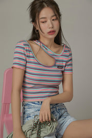 Color Stripe Cut Out T-Shirt