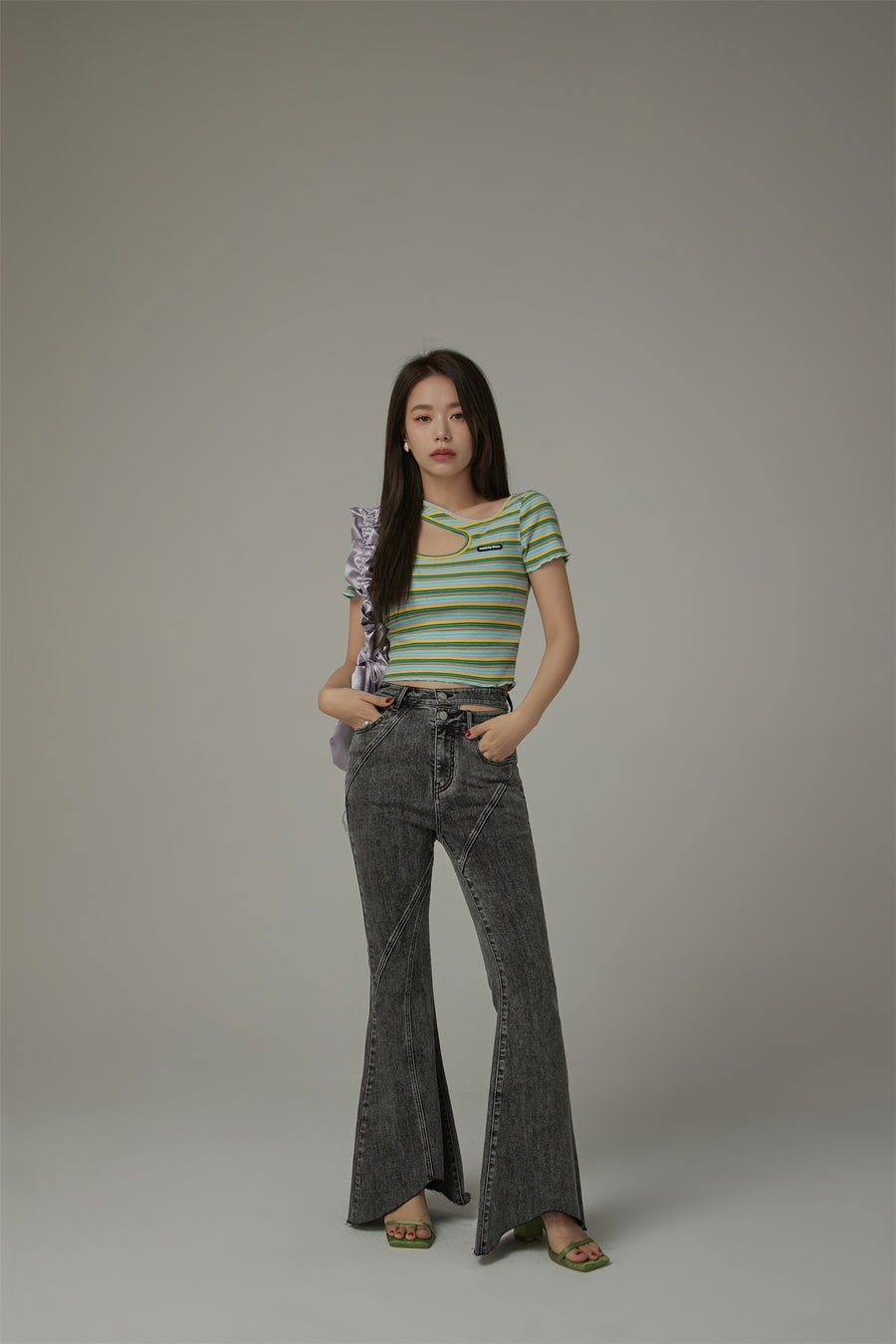 CHUU Asymmetrical Hem Slim Bootcut Denim Jeans