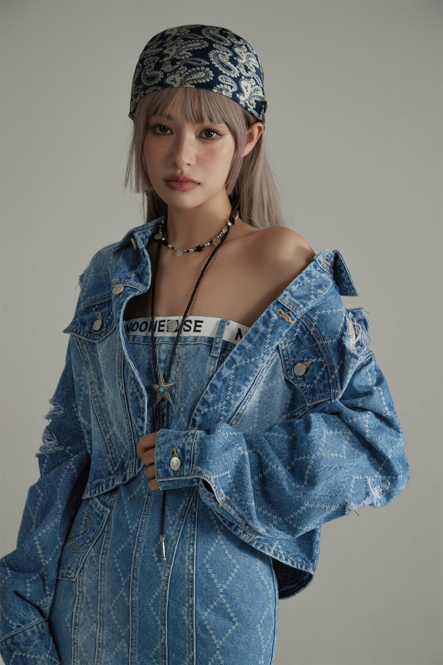 CHUU Argyle Denim Strapless Dress