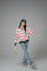 Open Book Loose Fit V-Neck Striped Knit Top