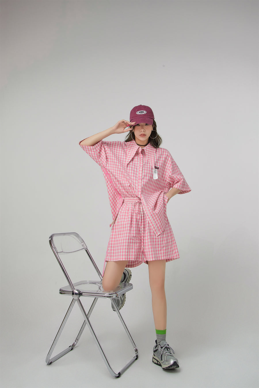 CHUU Gingham Check Maxi Collar Shirt