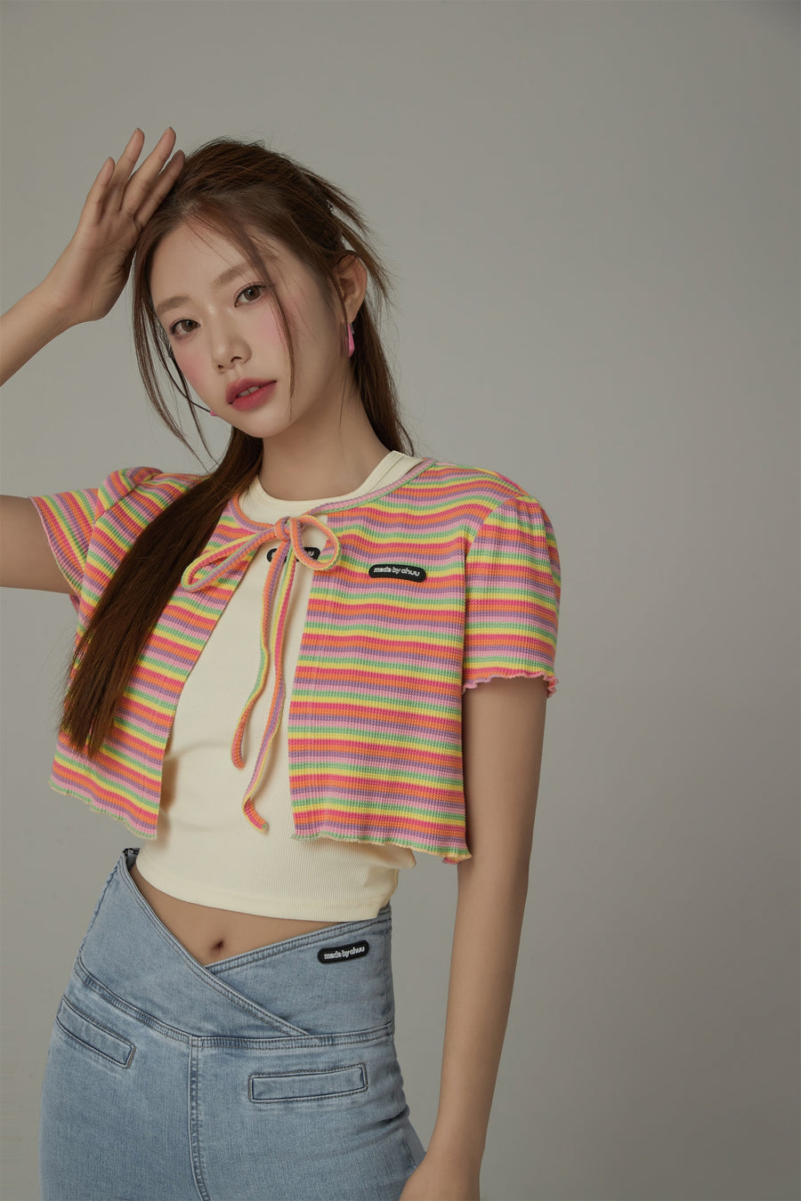 CHUU Ribbon Striped Crop Cardigan