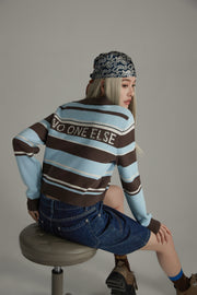 Open Collar Stripe Color Knit Sweater