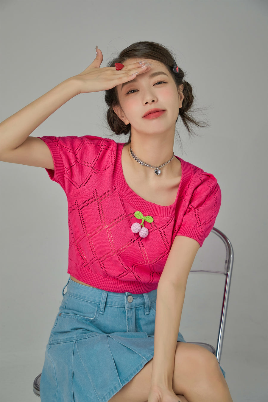 CHUU Cherry Knit Crochet Crop Sweater