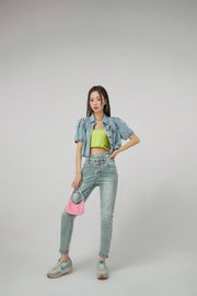 High Waist Button Slim Jeans