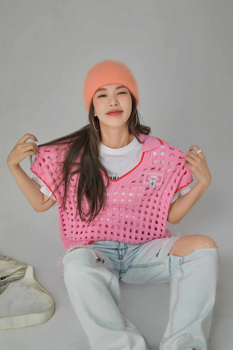 CHUU Ex-Varsity Girl Crochet Vest Sweater