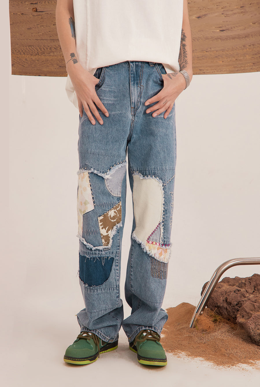 CHUU Patchwork Vintage Wide Jeans