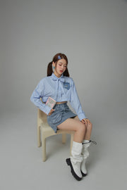 Heart Denim Pocket Stripe Crop Shirt